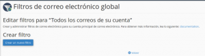 Panel de inicio de los filtros de correo electrónico global en cPanel