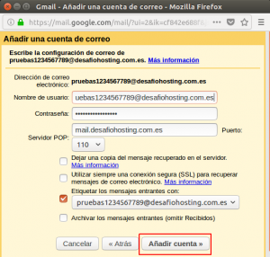 Datos del correo electrónico en la configuración de Gmail
